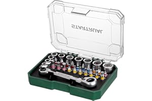 STARTRUAL 31-Piece 1/4" Mini Ratchet Set, Right Angle Screwdriver, Pass Through Socket, Low Profile Ratchet Set with Phillips