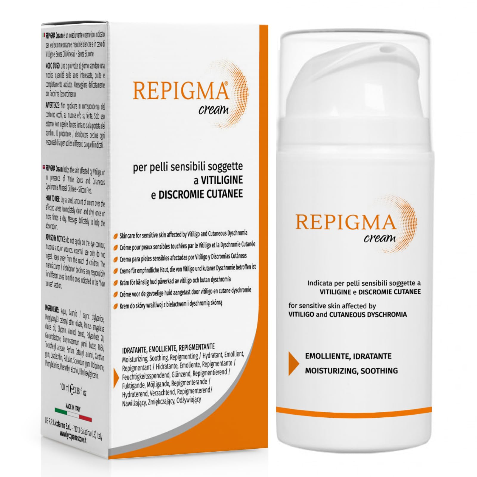 Repigma Cream helps the skin affected by Vitiligo, or in presence o White Spots and Cutaneous Dyschromia. 95% Natural Ingredients.