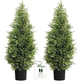Aveyas 3ft Artificial Cedar Topiary Trees for Outdoor Front Porch Door, 3 Feet Faux Potted Plants Evergreen Fake Pine Cypress Tree for Outside Home Decor (3 ft Tall) - Set of 2 Pack