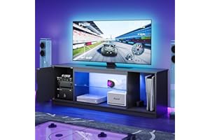 Bestier LED TV Stand for 55/60/65 Inch TV, Gaming Entertainment Center with Cabinet for PS5, Xbox,Modern TV Cabinet with Adjustable Glass Shelves for Living Room, Bedroom 57 Inch,Black