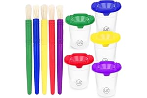 ULTIMATE STATIONERY Paint Cups – Paint Containers with Lids, 5 Pack No Spill Paint Cups for Kids Including Toddler Paint Brushes – Toddler Art Supplies Paint Cups with Lids for Kids Art Supplies