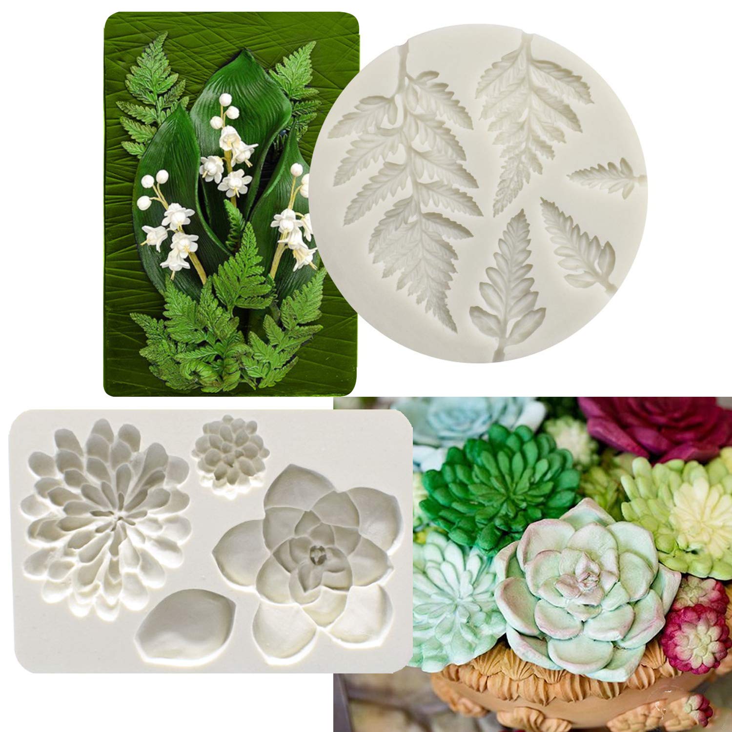 Photo 1 of 2PCS Succulent Fondant Mold Fern Leaf Fondant Mold Silicone Polymer Clay Molds Cake Decoration Molds Gumpaste 3D Silicone Molds for Cupcakes, Chocolate, Sugarcraft