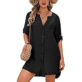 Ekouaer Bathing Suit Cover Up for Women V Neck Button Down Swimsuit Coverup Beach Dress Shirt S-3XL