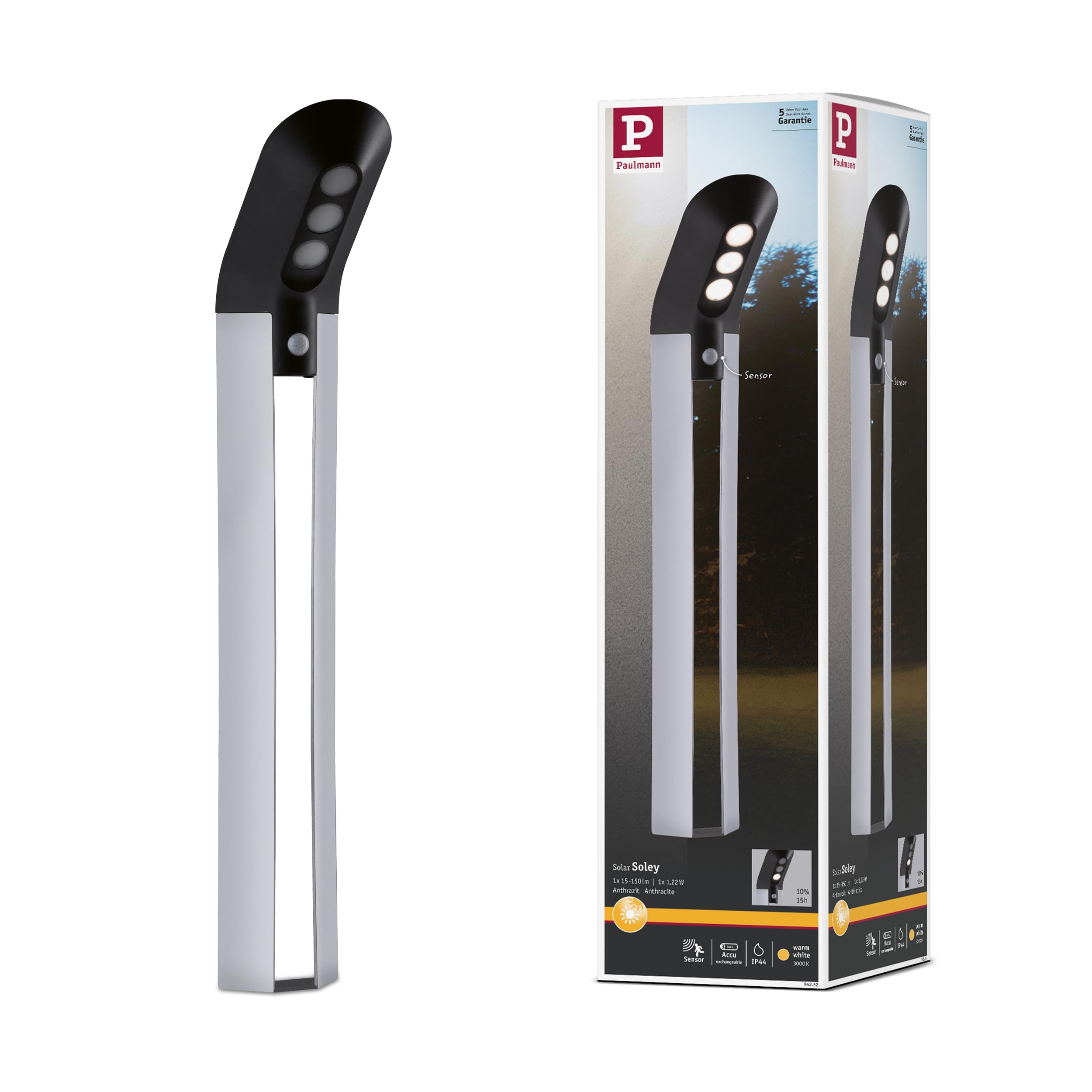 Paulmann 94252 Soley Solar Bollard Light LED Outdoor luminaire incl. 1x1.22 watt Anthracite Plastic 3000 K Warm White