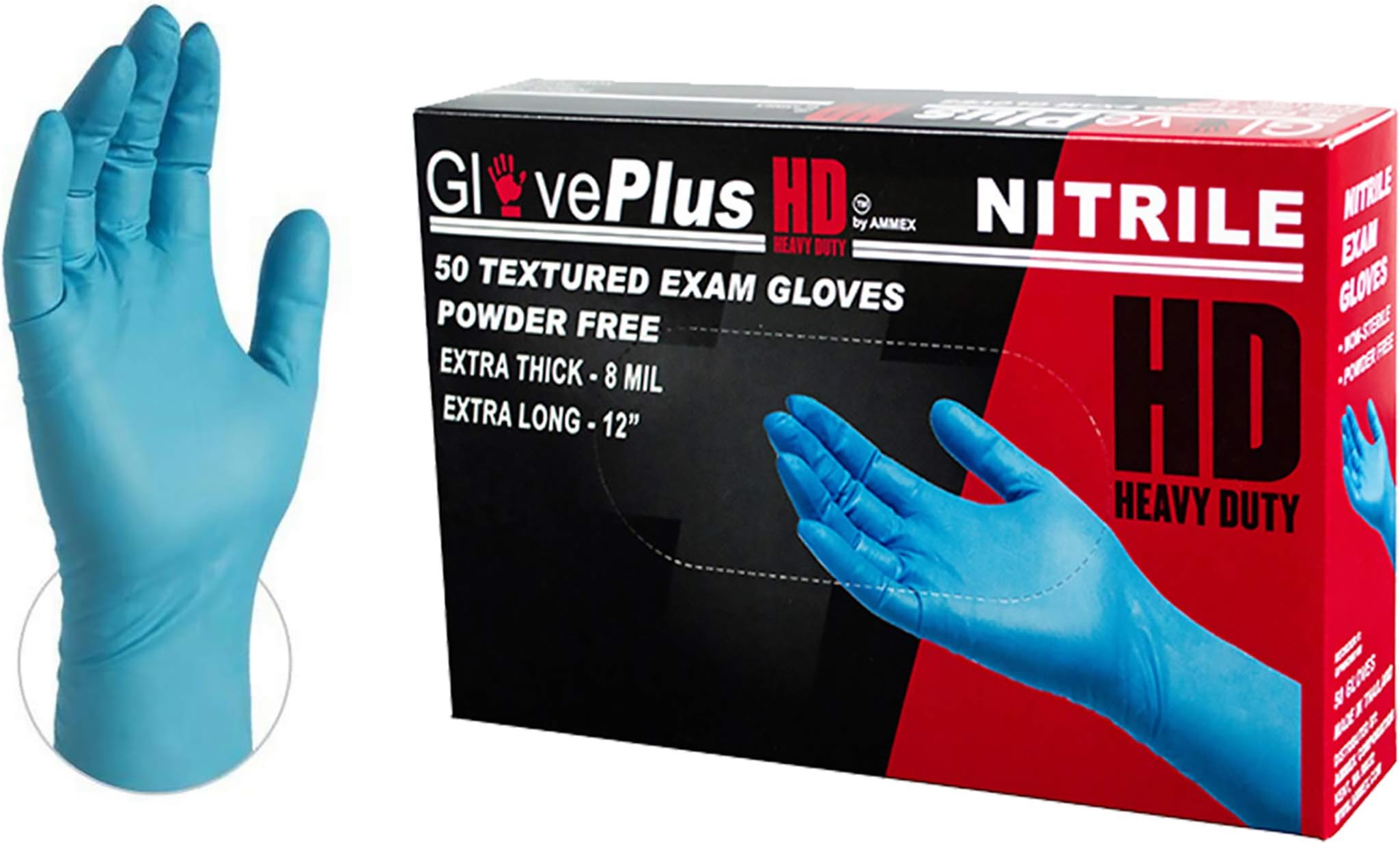 GlovePlus HD Medical Blue Nitrile Gloves - 8 mil, 12 inches long, Latex Free, Powder Free, Textured, Disposable, Non-Sterile, XLarge, GPNHD68100-BX, Box of 50