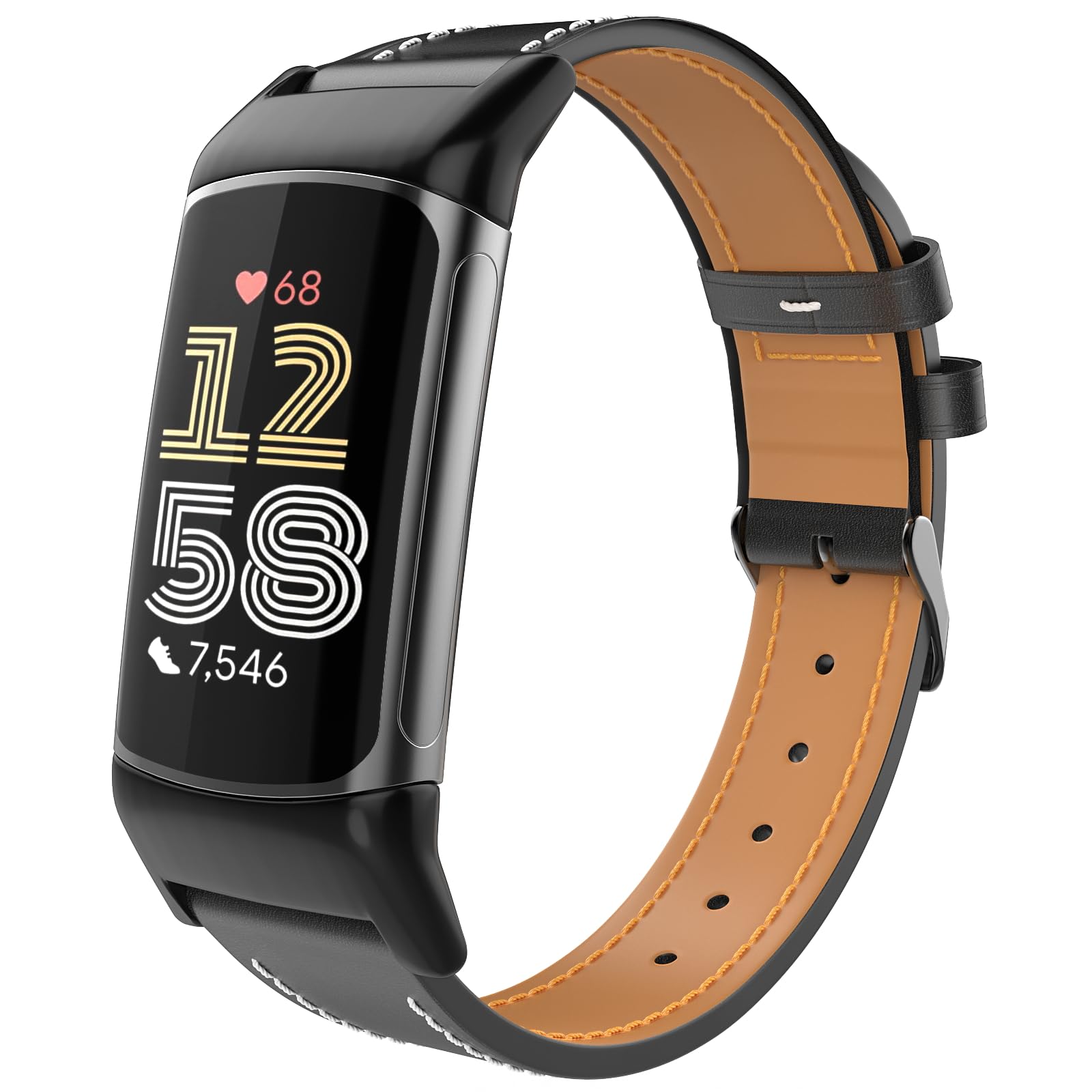 TiMOVO Leather Strap Compatible with Fitbit Charge 6/Fitbit Charge 5 Watch Bands, Top Grain Genuine Classic Leather Replacement Wristbands Straps for Women Men, Black