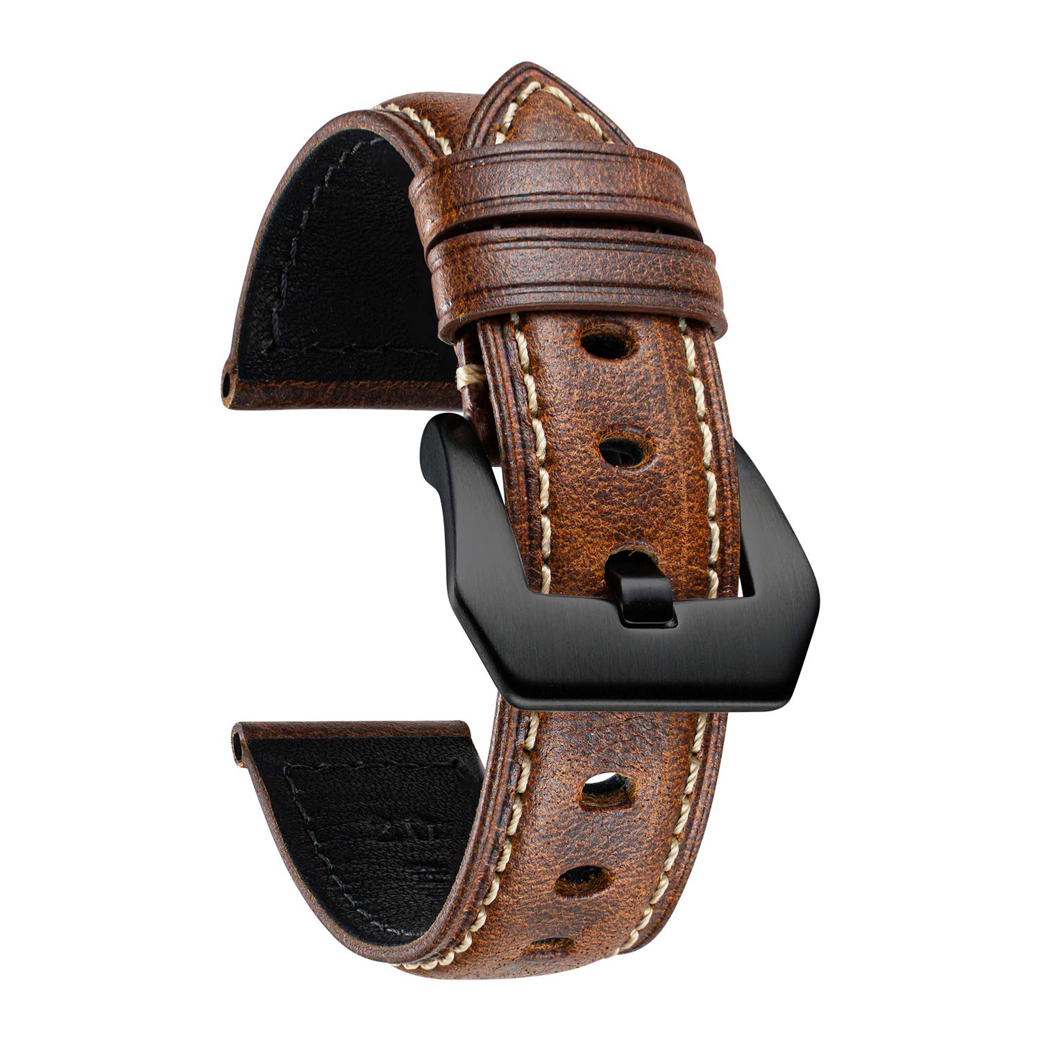 BINLUN Retro Leather Watch Strap for Men 18mm 20mm 22mm 24mm 26mm Handmade Oil Waxed Leather Strap Replacement Vintage Watch Band Stainless Steel Buckle(Light Brown/Black Buckle,22mm)