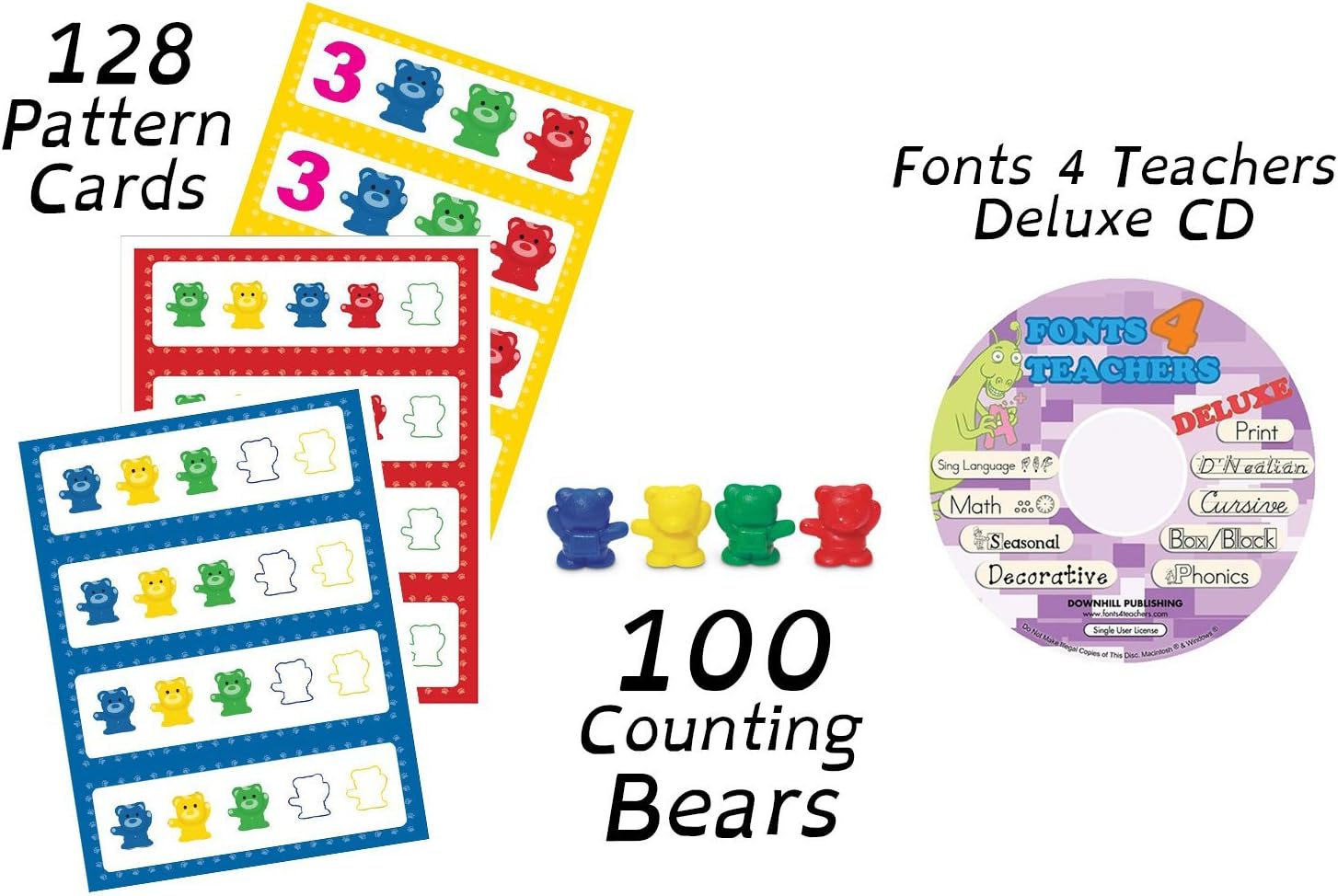 Set of 100 Counting Bears + 128 Pattern Cards + Fonts 4 Teachers Deluxe CD | The Ultimate Tool for Developing Math Skills + Complete Collection of 57 Fonts | Original Software | Easy to Install