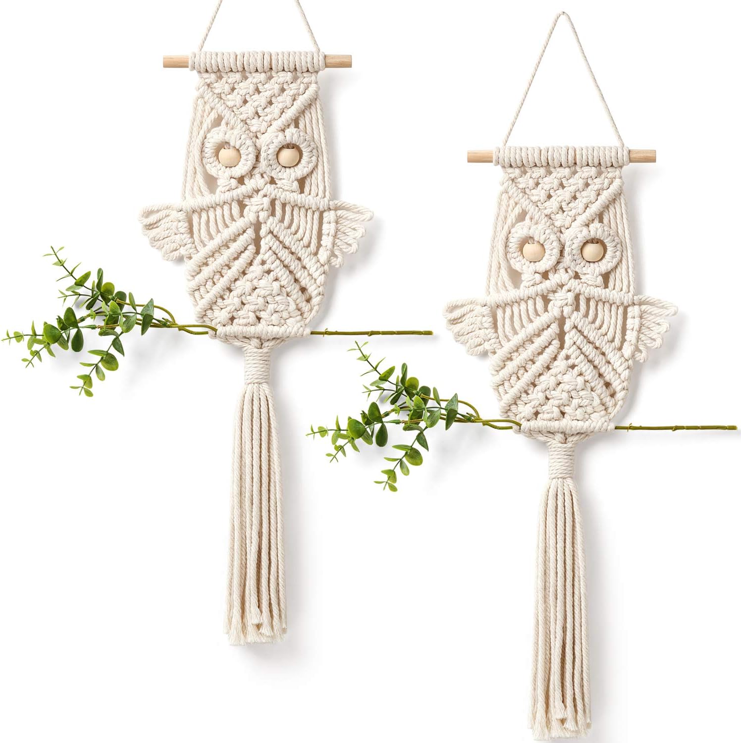 Mkouo 2pcs Owl Macrame Wall Hanging Art Decor Handmade Woven Tapestry Boho Ornament Wall Hanger - Office Living Room Bedroom Nursery Craft Decorations