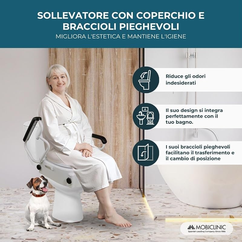 ®, Rialzo per wc Anziani, Tajo, Braccioli pieghevoli, Persone disabili, Coperchio, Regolabile in 3 altezze, Bidet, Inclinabile, Ausili, Bianco