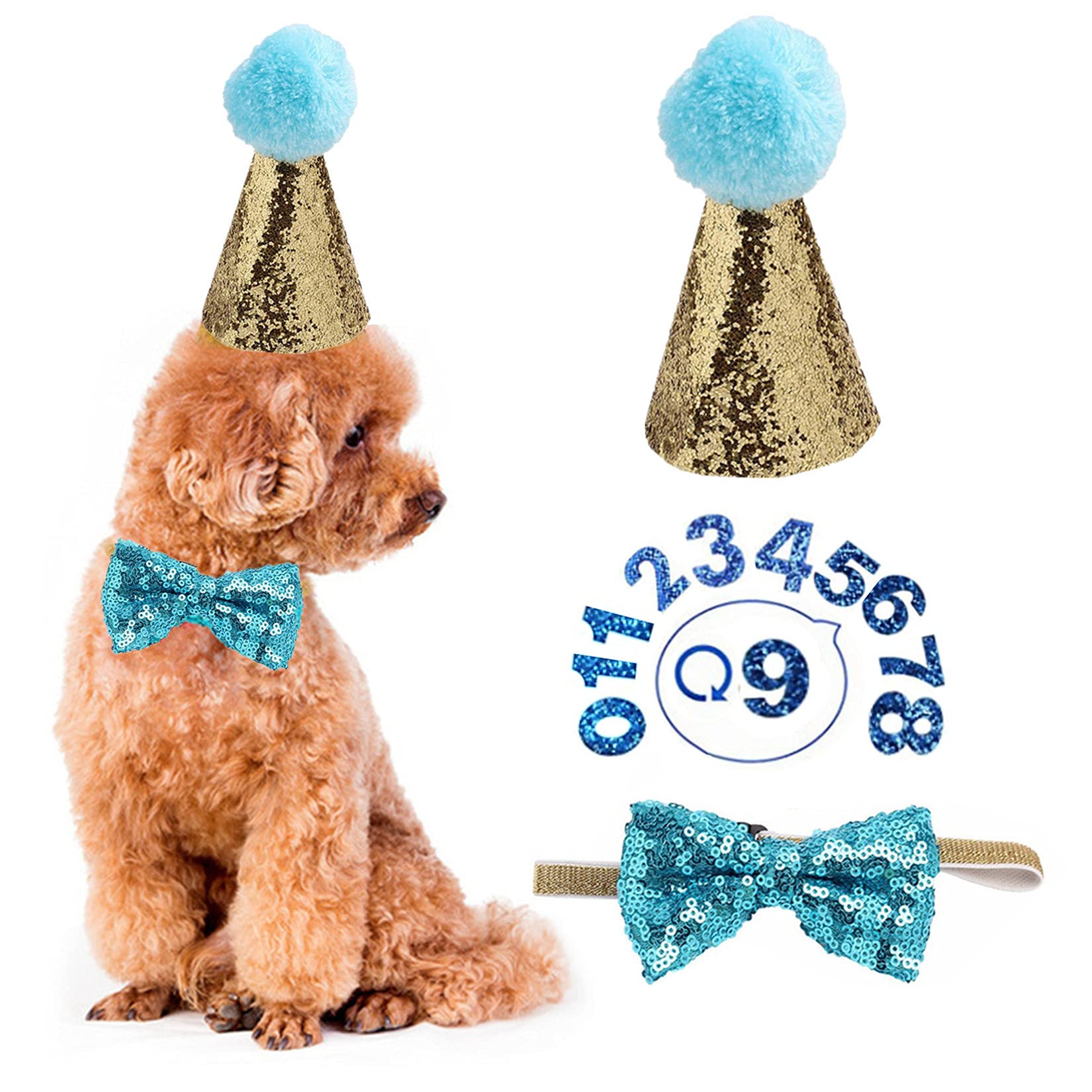 Dog Birthday Hat- Pet Birthday Hat and Bow Tie Collar Set with Number, Reusable Puppy Cat Headwear Caps Costumes Party Decorations Accessories (Light Blue)