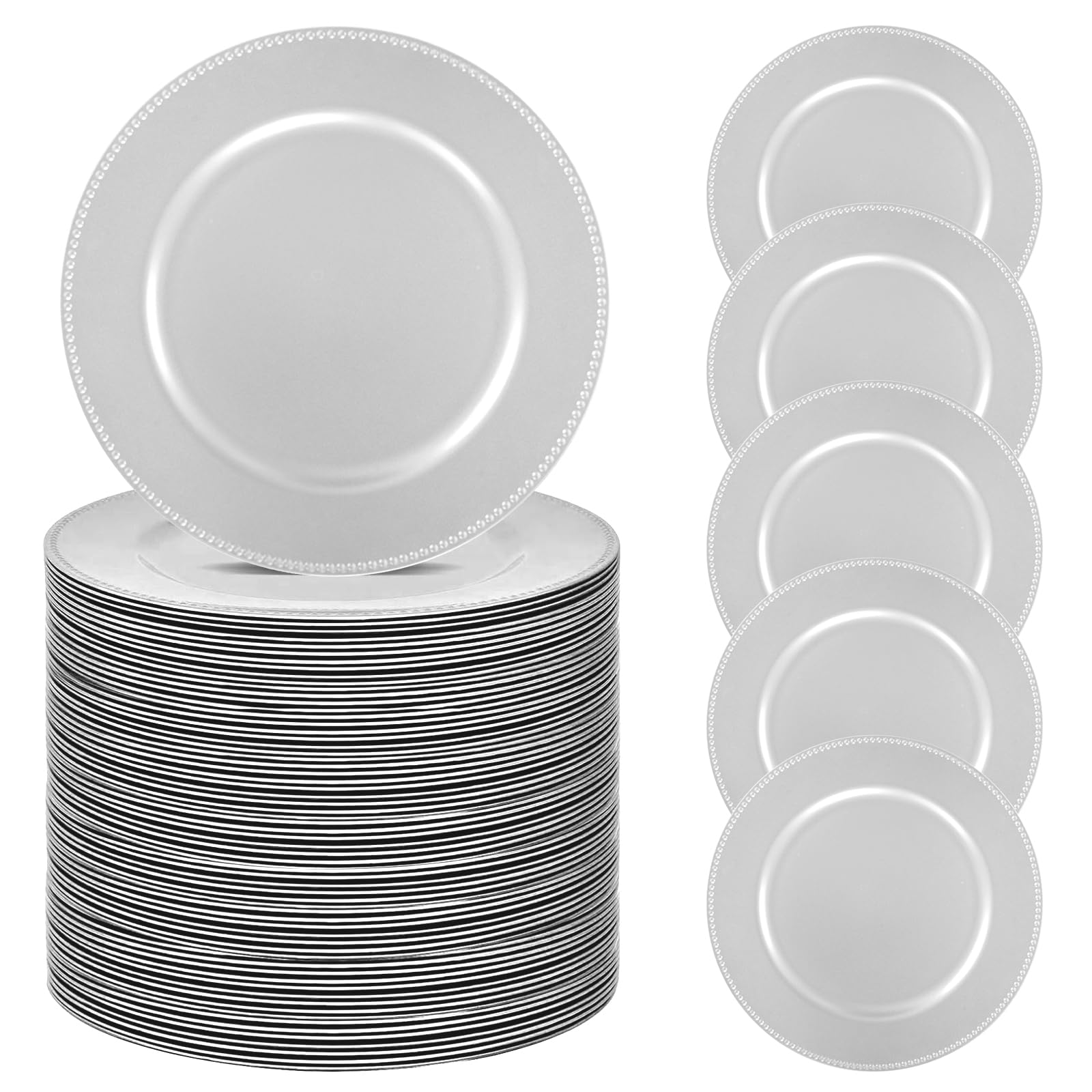 Photo 1 of 100 Pcs Silver Charger Plates Bulk 13 Inch Plastic Plate Chargers for Round Dinner Plate with Beaded Rim Reusable Dinner Charger Plates for Christmas Wedding Party Tabletop Decor