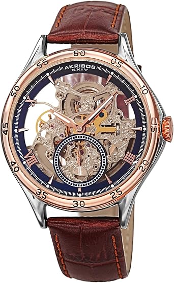 Akribos AK1066 - Reloj mecánico para hombre, correa de piel de cocodrilo en relieve, esfera transparente que deja ver el mecanismo interior, ideal ...