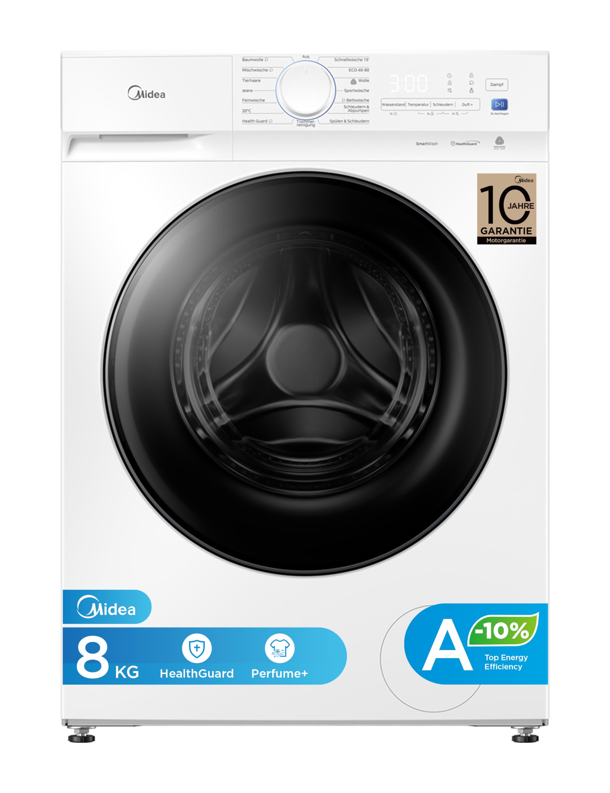 Midea Waschmaschine V3 series, 8 kg | Energieeffizienzklasse A-10% | 1400 U/min | Dampffunktion | Tierhaare| 15-Min Schnellwäsche | Woolmark-Zertifiziert | MFV3EW80BA10 | Weiß