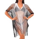 Kaei&Shi Sexy Sheer Gradient Swimsuit Coverup,Crochet Color Block Beach Dress,Fringe Bathing Suit Vacation Outfits for Women