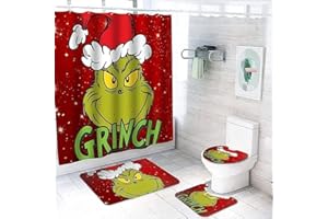 FHAVENT Christmas Shower Curtain 4 Piece Sets with Non-Slip Rugs,Toilet Lid Cover and Bath Mat,Christmas Shower Curtain with 12 Hooks Bathroom Set Holiday Home Decor (Antique)