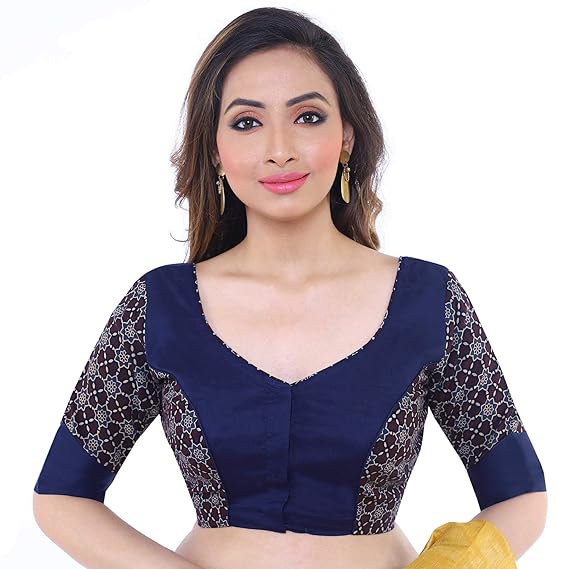 Women's Cotton Printed Stitched Blouse (D-005283-Navy Blue)