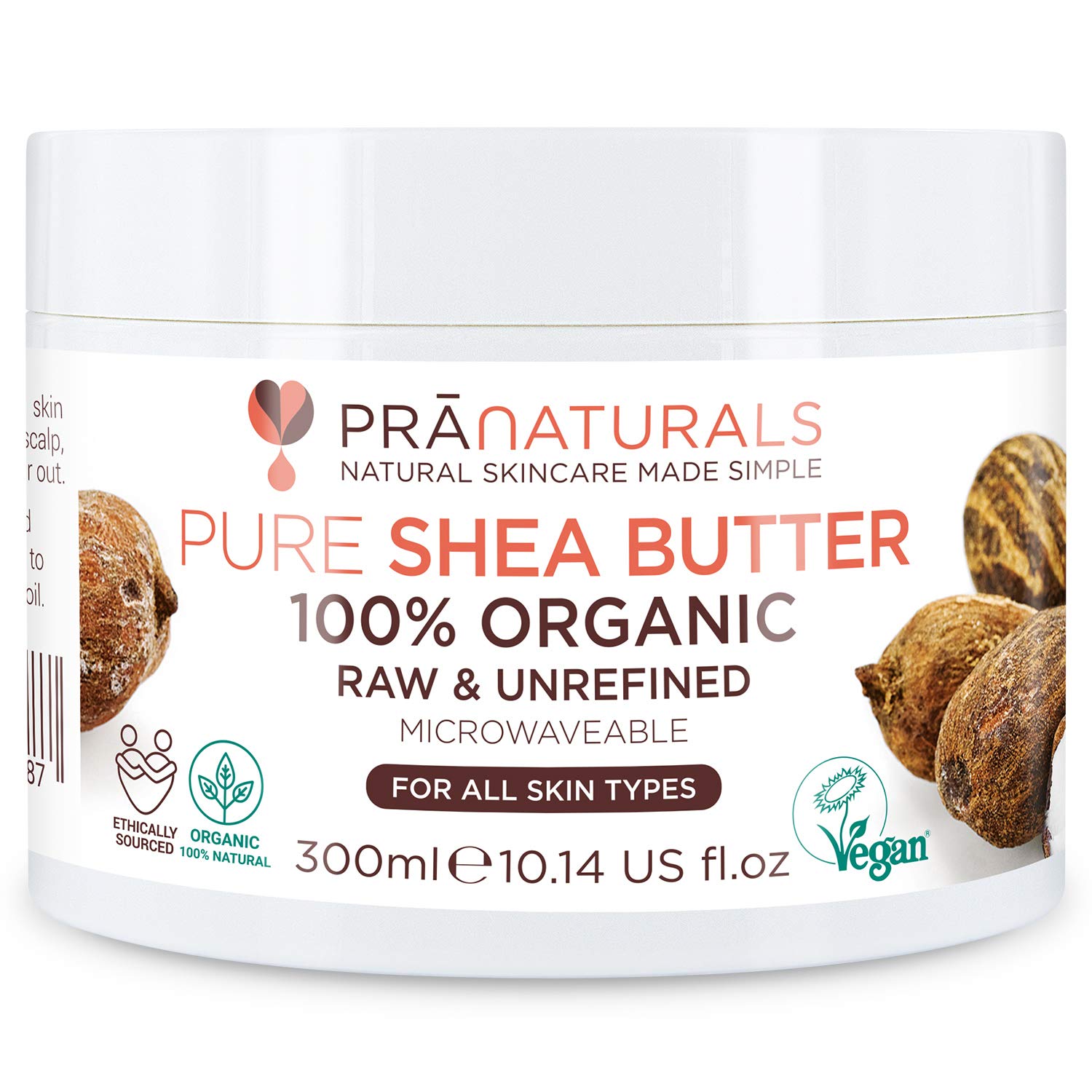 PraNaturals 100% Organic Shea Butter 300ml, Pure Raw Unrefined A Grade African Ivory All-Natural Microwaveable Smooth Shea Nut Lip Balm Body Butter Moisturiser Cream Lotion for All Skin Face Hair Type