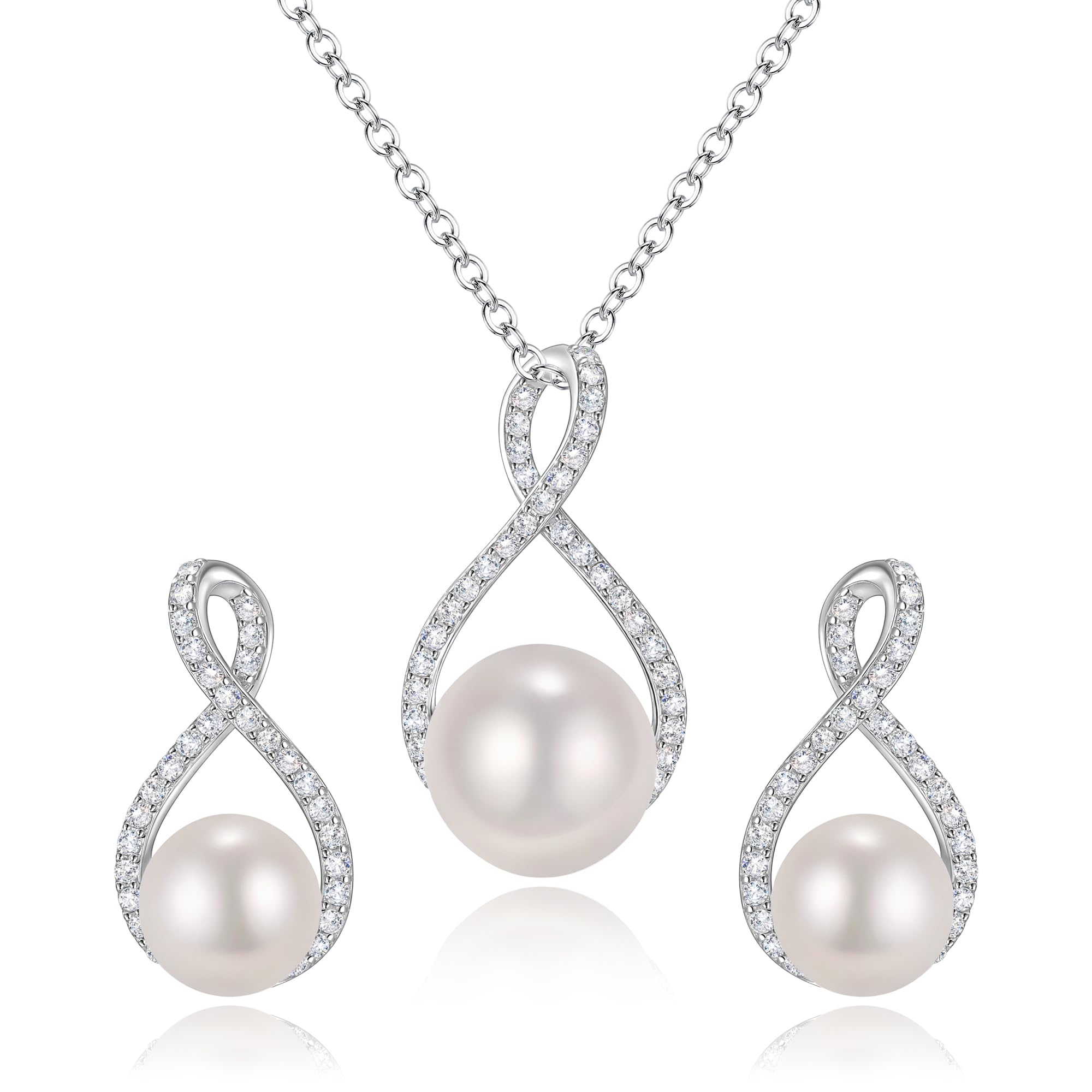 Ever Faith® Women's 925 Sterling Silver CZ Freshwater Cultured Pearl 8 Infinity Necklace Earrings Set