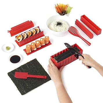 Sushi Maker Kit - SushiAya Sushi Maker Rot Komplett mit Sushi Messer und Exklusiv Video Tutorials 11 Stück DIY Sushi Set - Ei