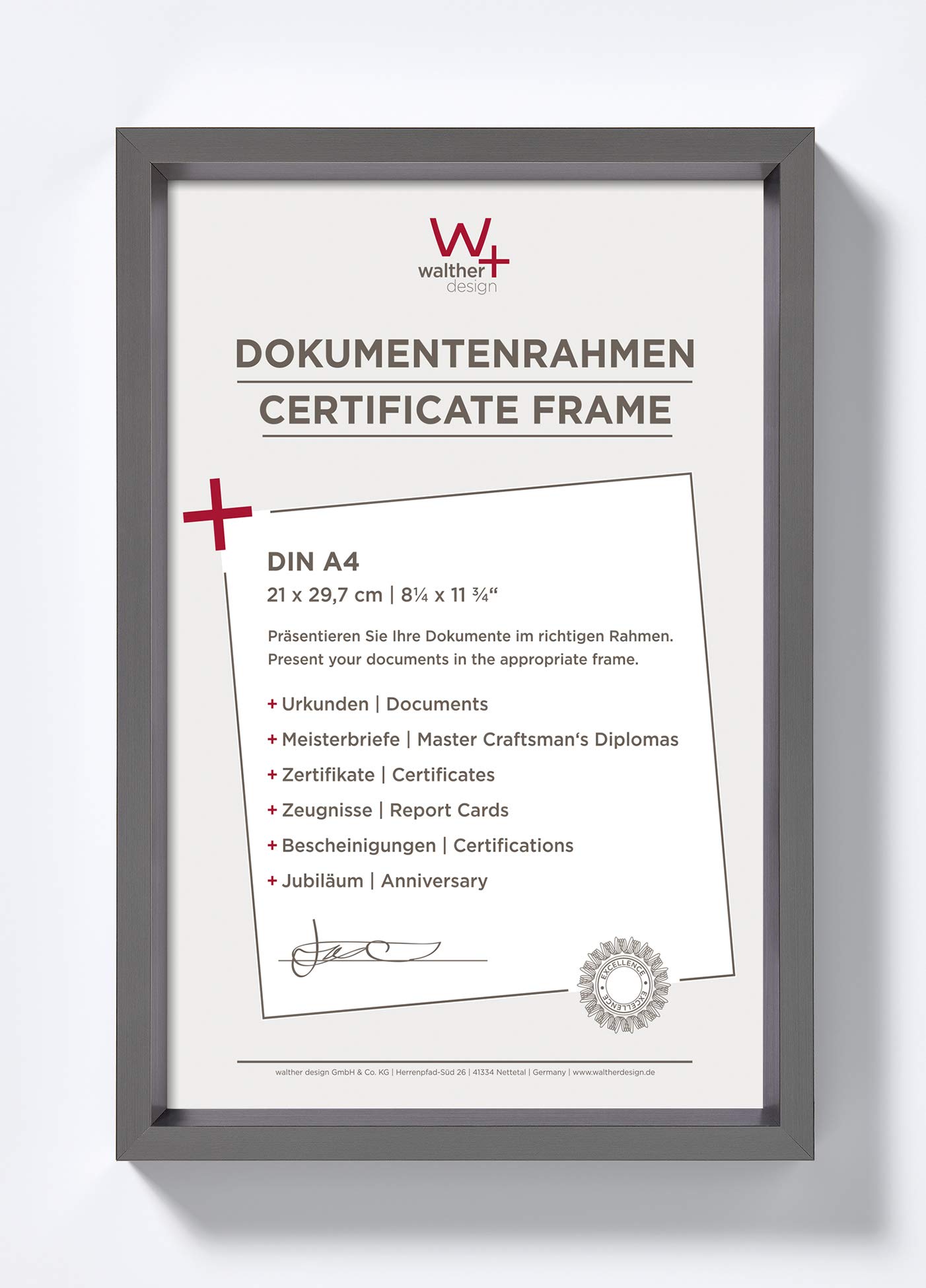 walther design Picture Frame Steel 21 x 29.7 cm (DIN A4) with PassepArtout, Steel Style Plastic Frame ES130D