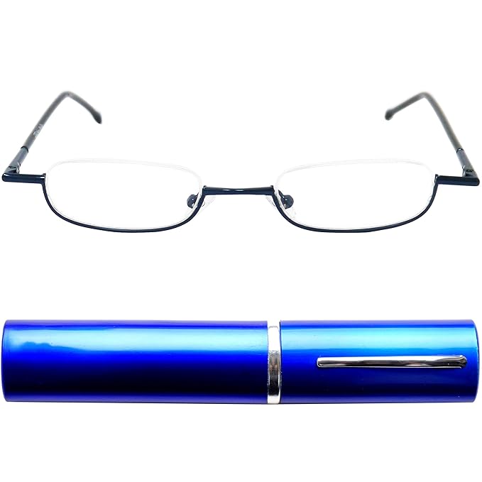 Mini Slim Half Eye Metal Reading Glasses Stainless Steel Frame (Blue