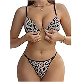 OYOANGLE Women's 2 Piece Leopard Print Lingerie Set Front Closure Wireless Bra with G String Thong Sets