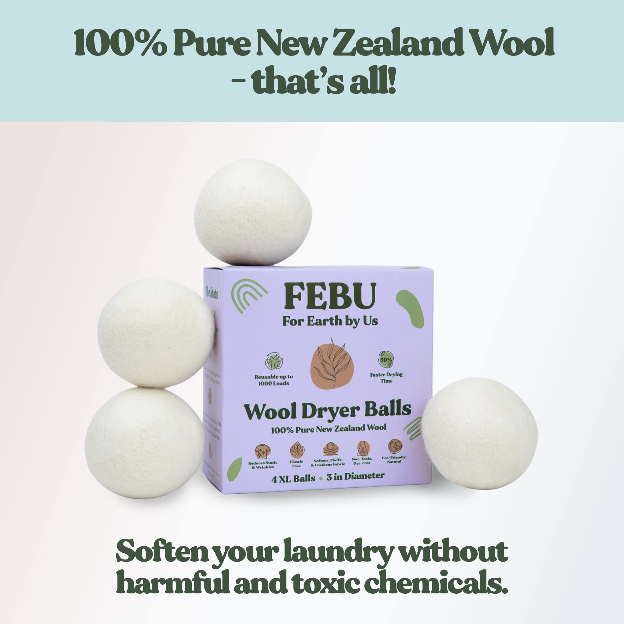 FEBU Wool Dryer Balls, 6-Pack, XL | 100% New Zealand Wool | Natural, Reusable Fabric Softener | Alternative to Dryer Sheets | Reduces Wrinkles, Shortens Drying Time, Zero Waste