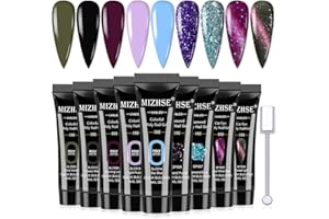 MIZHSE Poly Nails Gel Kit, 2 Glitter Poly Gel Nail and 2 Cat Eye Poly Gel 5 Classic Colors Builder Gel for Nail Extension Thickening Solution Gel Soak Off Nail Art Design for Nail Starters Manicure