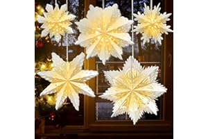 GRASSCAPE 5 Pack Paper Snowflake Lanterns, Christmas Paper Star Lantern with Lights, 13/17 Inch 3D Hanging Lantern Lamp for Xmas Tree New Year Winter Frozen Weddings Birthday Holiday Party Decorations