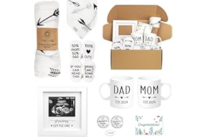 BLINKING STARS Pregnancy Gifts for New Parents Est 2024- New Mom Gifts Basket for Pregnancy Announcement, Baby Shower - Mom & Dad Mugs, Decision Coin, Ultrasound Frame, Swaddle Blanket, Bib, Socks