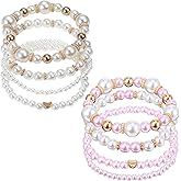 KFHENSOMR 8 Pack Pearl Bracelets for Women Simulated Pearl Beaded Stackable Bracelet Set White Pearls Stretch Bracelet Set Multilayered Elastic Pearls Bracelets Bangles for Women Bridal Boho Jewelry
