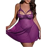 OYOANGLE Women's Plus Size Lingerie Set Lace Sheer Cut Out Strap Nightgown V Neck Mesh Sleepwear