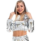 OBEEII Womens Shiny Metallic Crop Top Hoodies Drawstring Long Sleeve Wet Look Pullover Holographic Sweatshirts Club Wear