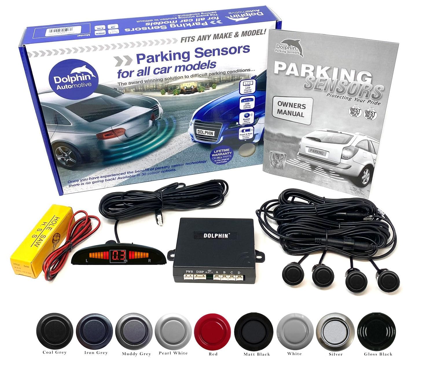 Dolphin Automotive DMS450 Micro Size Reverse Parking Sensors - 4 Rear Sensors, Display & Audio Alerts - Auto Express Award Winning Brand In 9 Colours (Coal Grey)