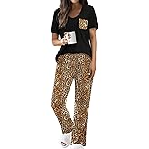 Ekouaer Pajama Sets for Women Short Sleeve Pj Set V Neck Sleepwear Chest Pocket with Long Pants Casual Loose Loungewear