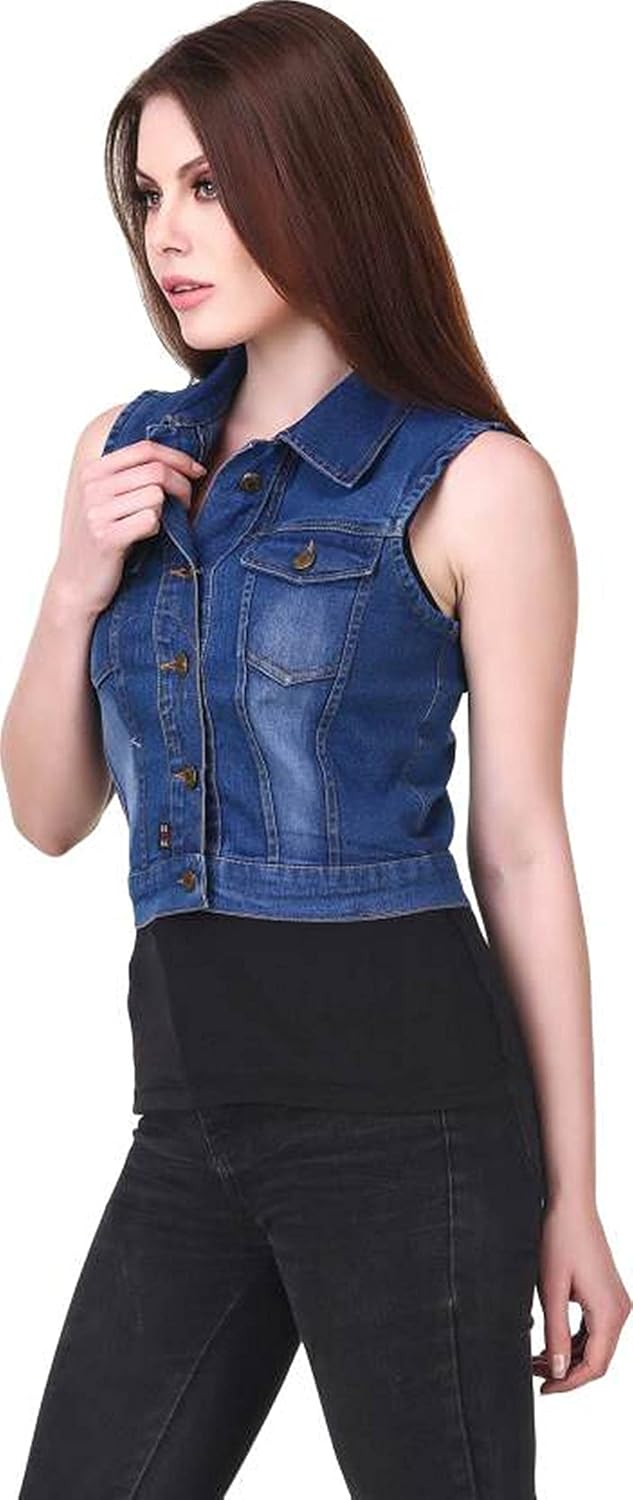 g.s.a enterprises stylish sleeveless dark blue regular collar women's denim jacket