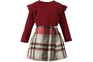Fernvia Toddler Girl Fall Winter Clothes Ruffles Long Sleeve Shirt and Plaid Shorts Skirt Kids Little Girl 2Pcs Outfits Set