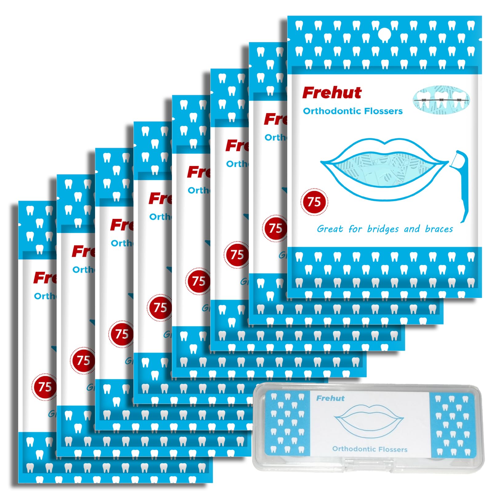 Photo 1 of Frehut 600 Count Orthodontic Flossers for Braces - Ortho Dental Floss Picks, 75 Count (Pack of 8), with a Travel Case