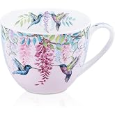 Spring Hummingbird Hug Mug - 20oz Pink Bone China Coffee Tea Mug with Floral Vine &amp; Fluttering Hummingbirds, Thoughtful Gifts for Mom Women Mothers Day, Designed in England by Harvest Green Studio