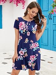 KORSIS Summer Dresses for Women Pink Flower Navy