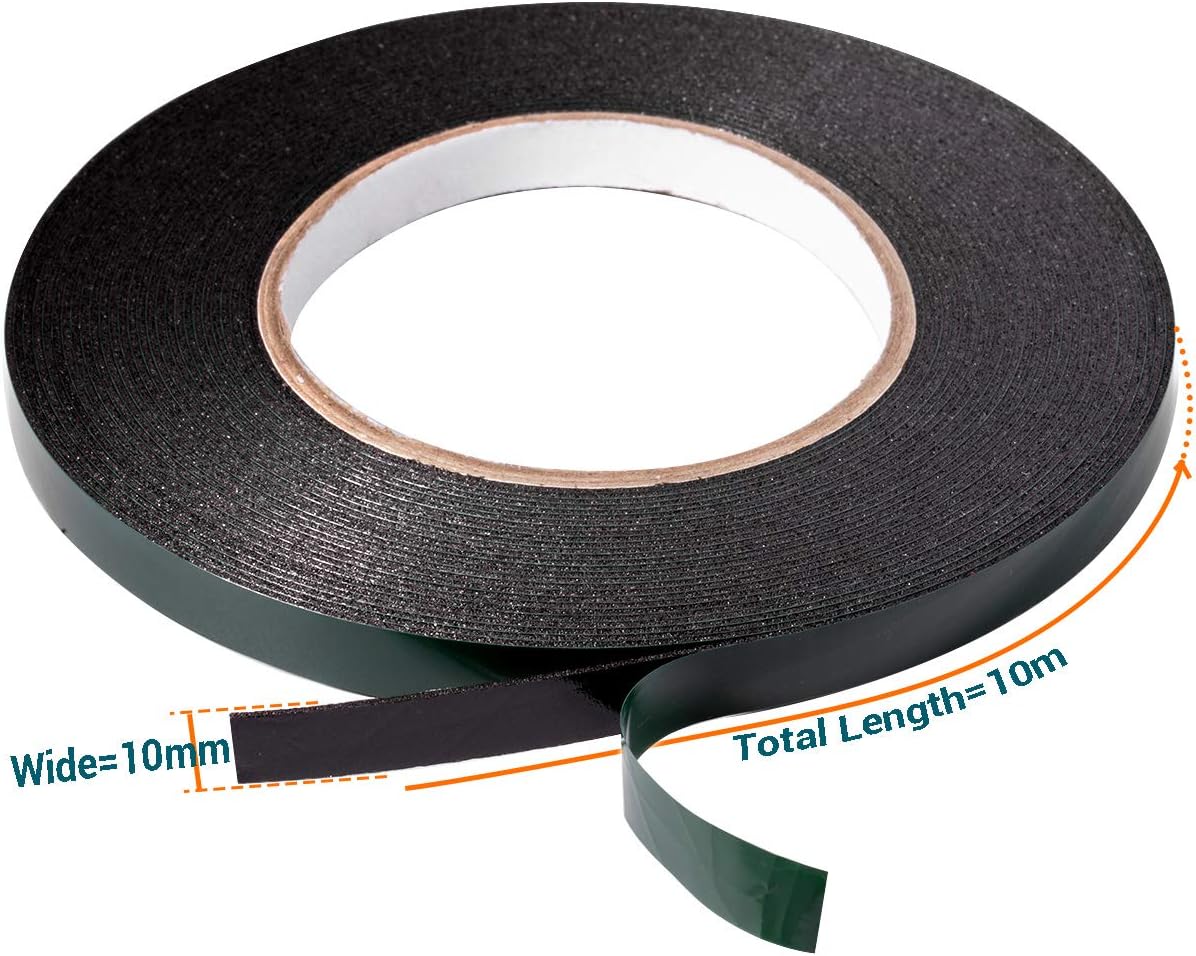 YoiYee 10mm x 10m Double Sided Foam Tape, Strong Sticky Adhesive Green Film Glazing Tape, PE Sponge Strip Sticky Mounting Tape, Black - Image 3