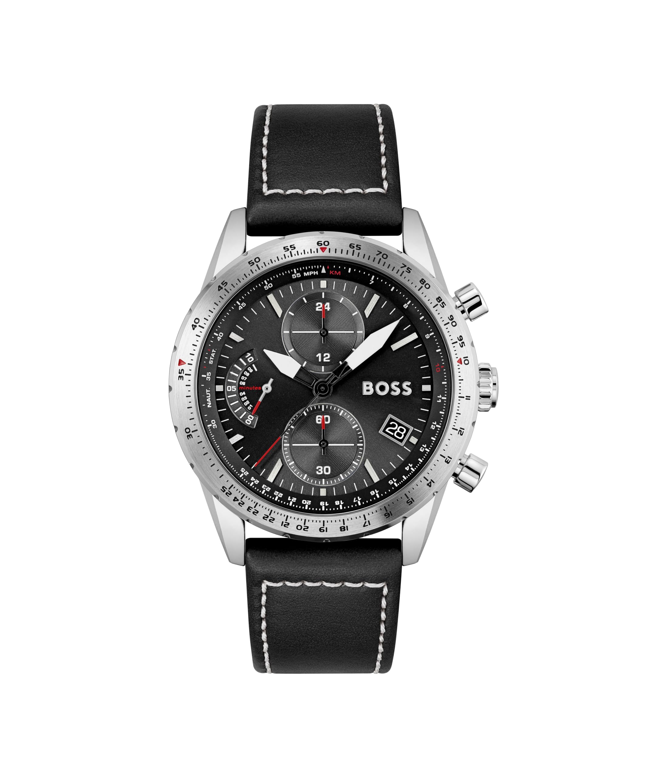 BOSS Men's 44mm Chronograph Quartz Watch Pilot Edition Chrono with Black Dial, Black Leather Strap, Date Fuction, 3 Sub-Dials, 5ATM Water Resistance - 1513853