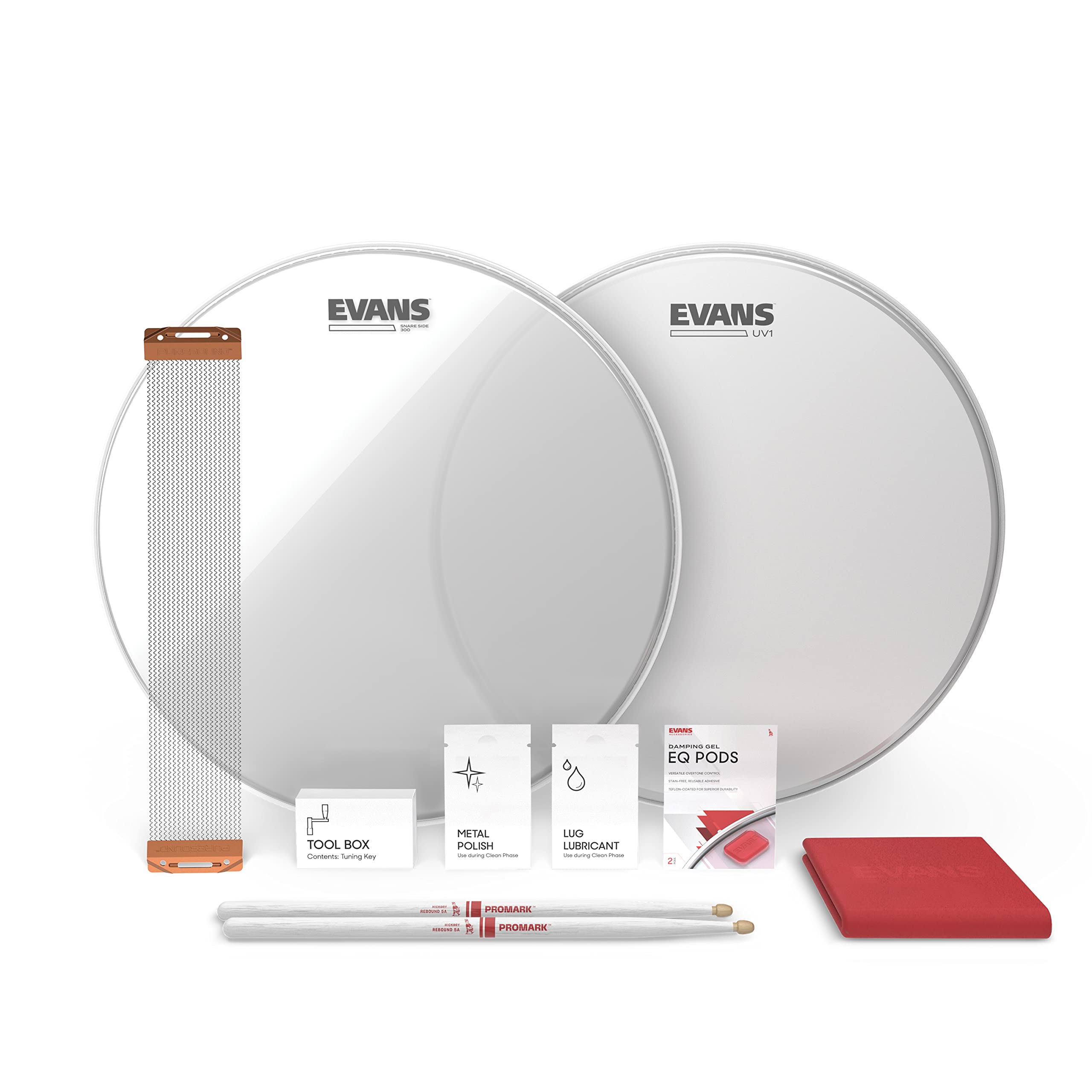 Evans UV1 Snare Drum Tune Up Kit - Contains UV Drum Head, Resonant Snare Head, ProMark 5a Drumsticks, Snare Wire, Drum Key, EQ Pods Dampener, Lug Lubricant, Metal Polish, Polishing Cloth - 13 inch