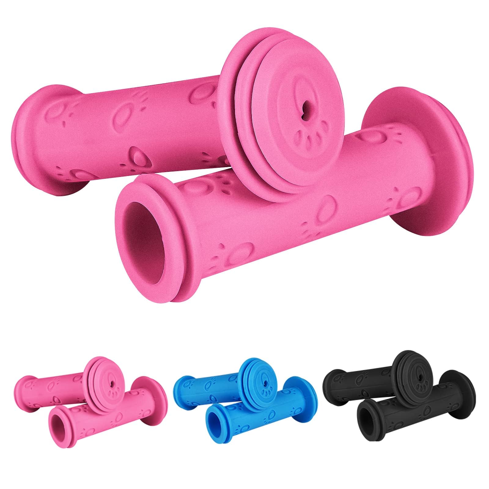 URAQT Paw Print Kid's Bike Grips - Soft Non-Slip, Universal for Kids' Mountain, Scooter & Bicycle Handlebars (Pink)