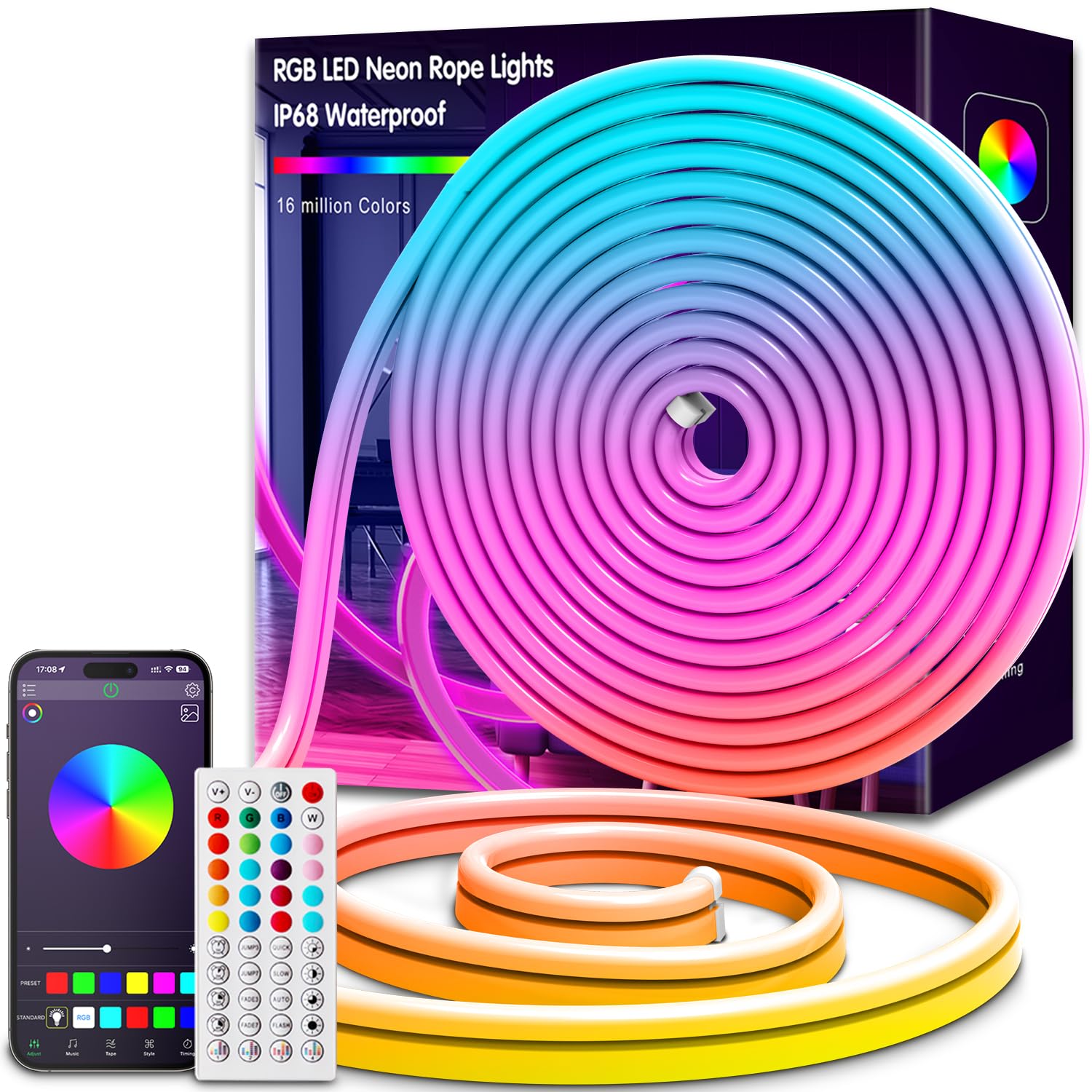 Photo 1 of L8star Neon Lights, 50ft/15m LED Neon Rope Lights with Remote APP Control IP65 Waterproof Flexible Neon LED Strip Lights 24V RGB LED Neon Lights for Bedroom Indoors Outdoors Decor