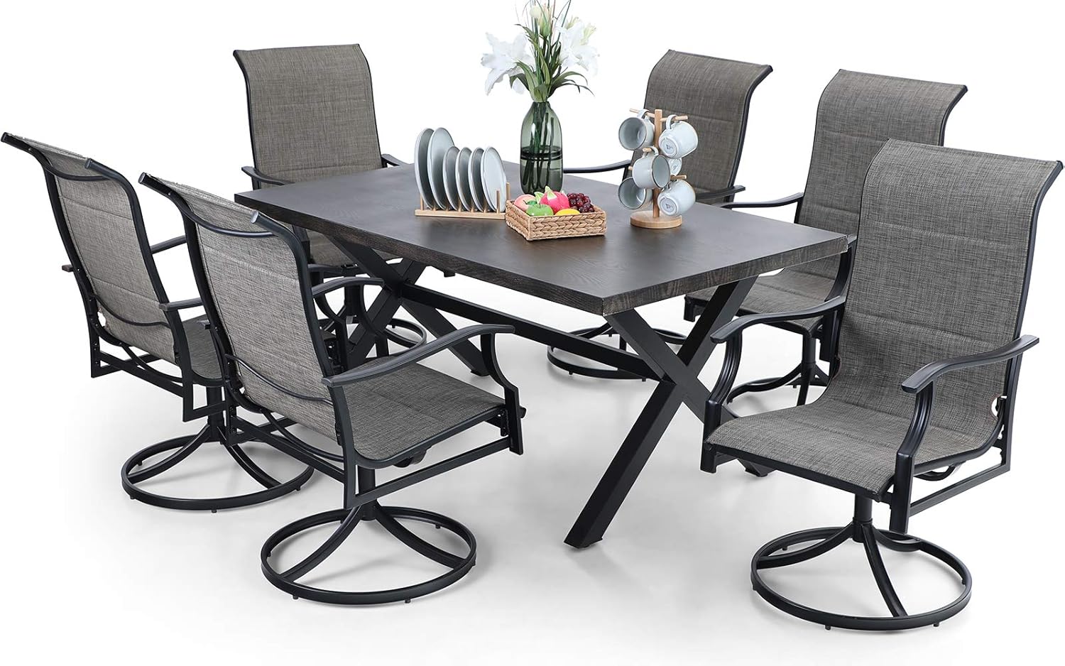 PHI VILLA 7 PCS Patio Dining Set, 6 Padded 360Degree Swivel Dining Chairs & 1 65.9