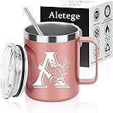 Aletege Letter A Insulated Coffee Mug with Lid and Handle, Personalized Initial Mugs for Women, Letter A Gift Coffee Mugs for Women, Wife, Mom, Grandma, Bridal Shower Gifts, 12 OZ Rose Gold
