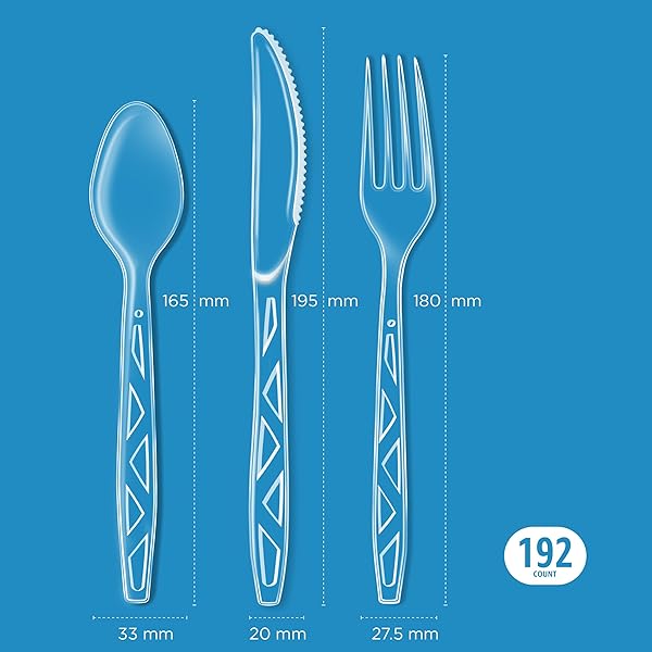 AMAZON BASICS DISPOSABLE CLEAR ASSORTED CUTLERY SET, PREMIUM QUALITY, 192 COUNT, LARGE COMBO PACK FORKS, SPOON AND KNIVES