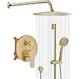 Gabrylly Shower System, Gold Shower Faucet Set with 10" Rain Head and 5-Setting Handheld Spray,2 Way Pressure Balance Valve Kit, Brushed Gold